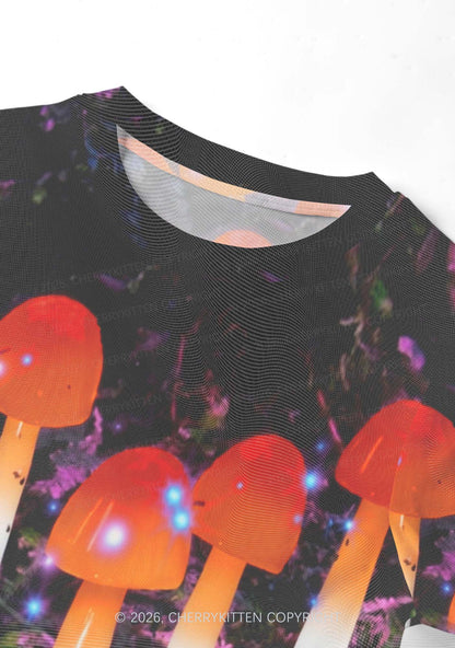 Lesbian Glowing Mushroom Pride Y2K Mesh Crop Top Cherrykitten
