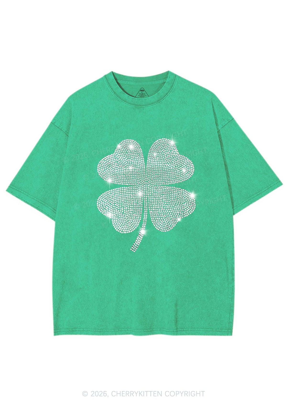 Rhinestone Four Leaf Clover St Patricks Y2K Shirts Washed Tee Cherrykitten