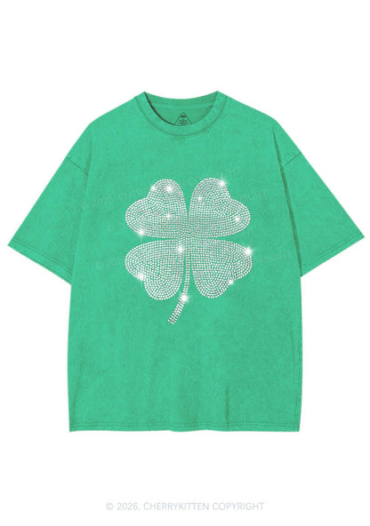 Rhinestone Four Leaf Clover St Patricks Y2K Shirts Washed Tee Cherrykitten