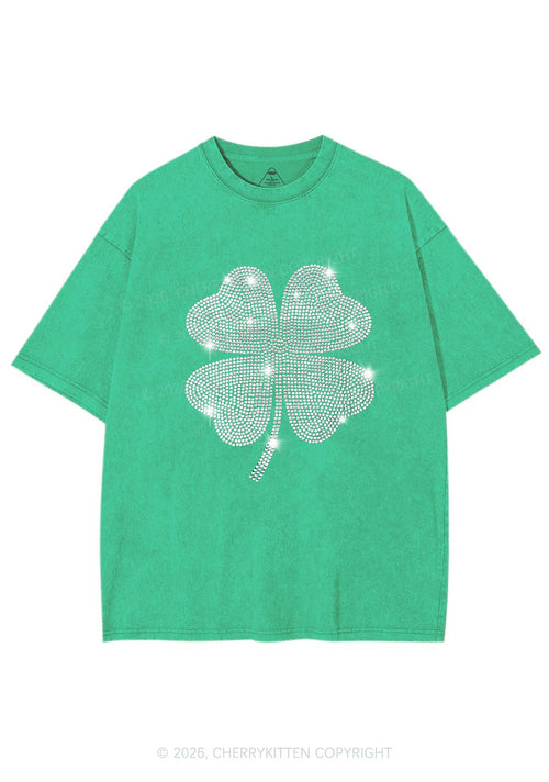 Rhinestone Four Leaf Clover St Patricks Y2K Shirts Washed Tee Cherrykitten