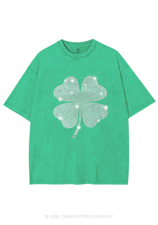 Rhinestone Four Leaf Clover St Patricks Y2K Shirts Washed Tee Cherrykitten