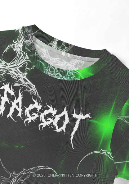 Green Gothic Faggot Pride Y2K Mesh Crop Top Cherrykitten