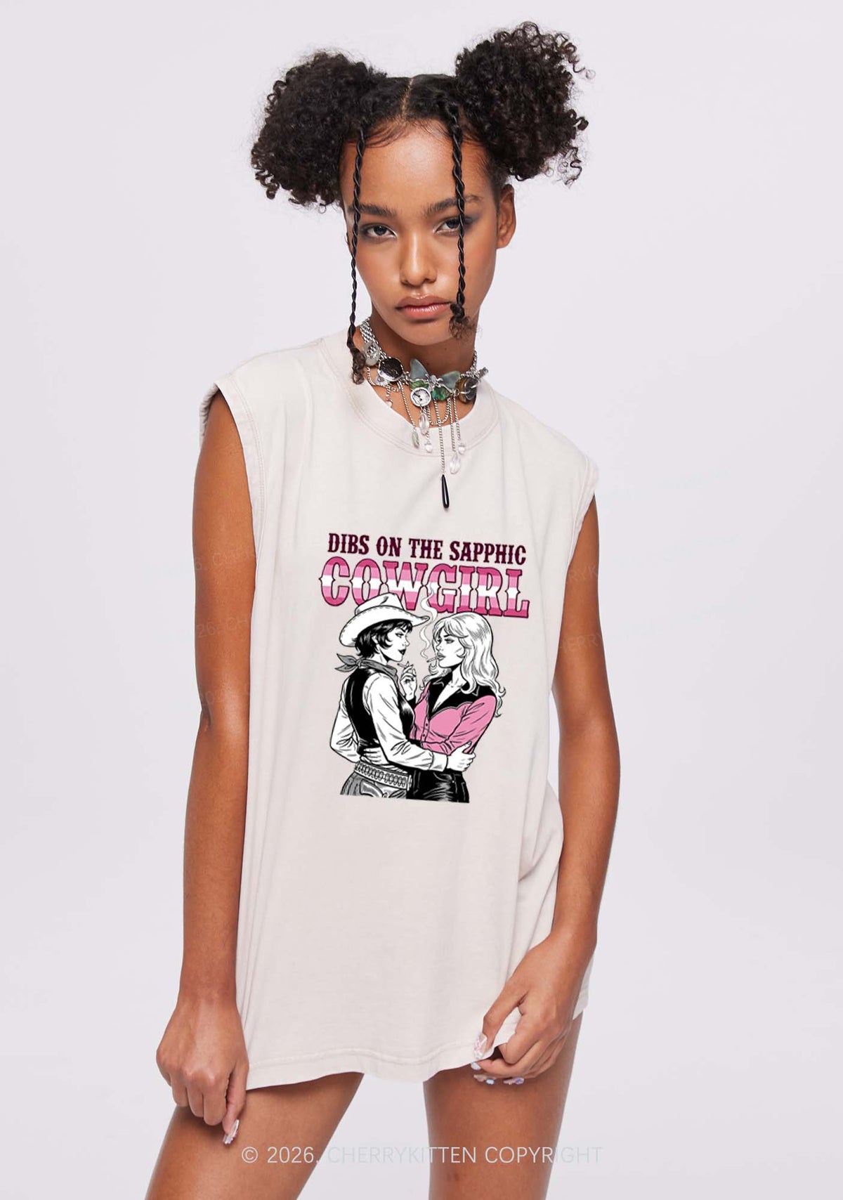 Dibs On The Sapphic Cowgirl Pride Y2K Washed Muscle Tank Cherrykitten