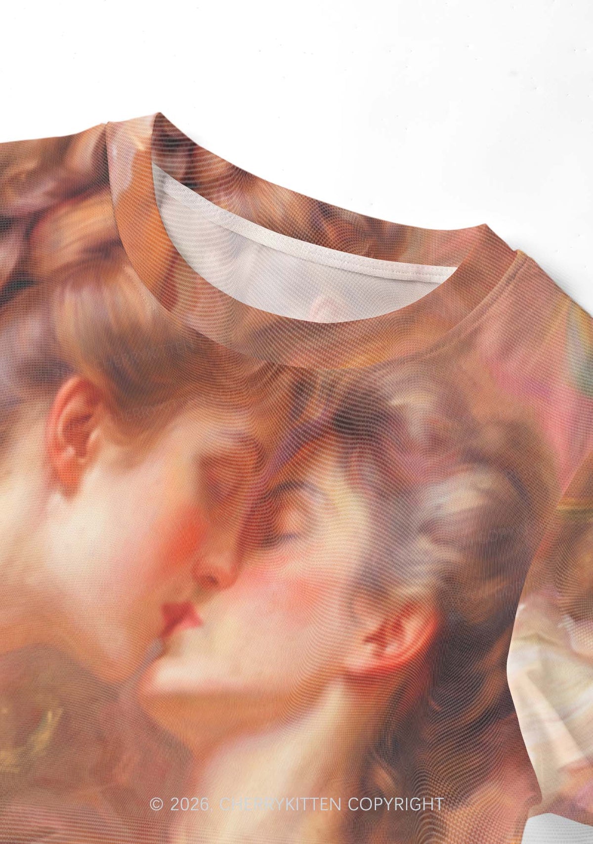 Pastel Dreamy Kissing Couple Pride Y2K Mesh Crop Top Cherrykitten