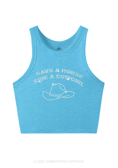 Rhinestone Save Horse Ride Cowgirl Y2K Crop Tank Top Cherrykitten