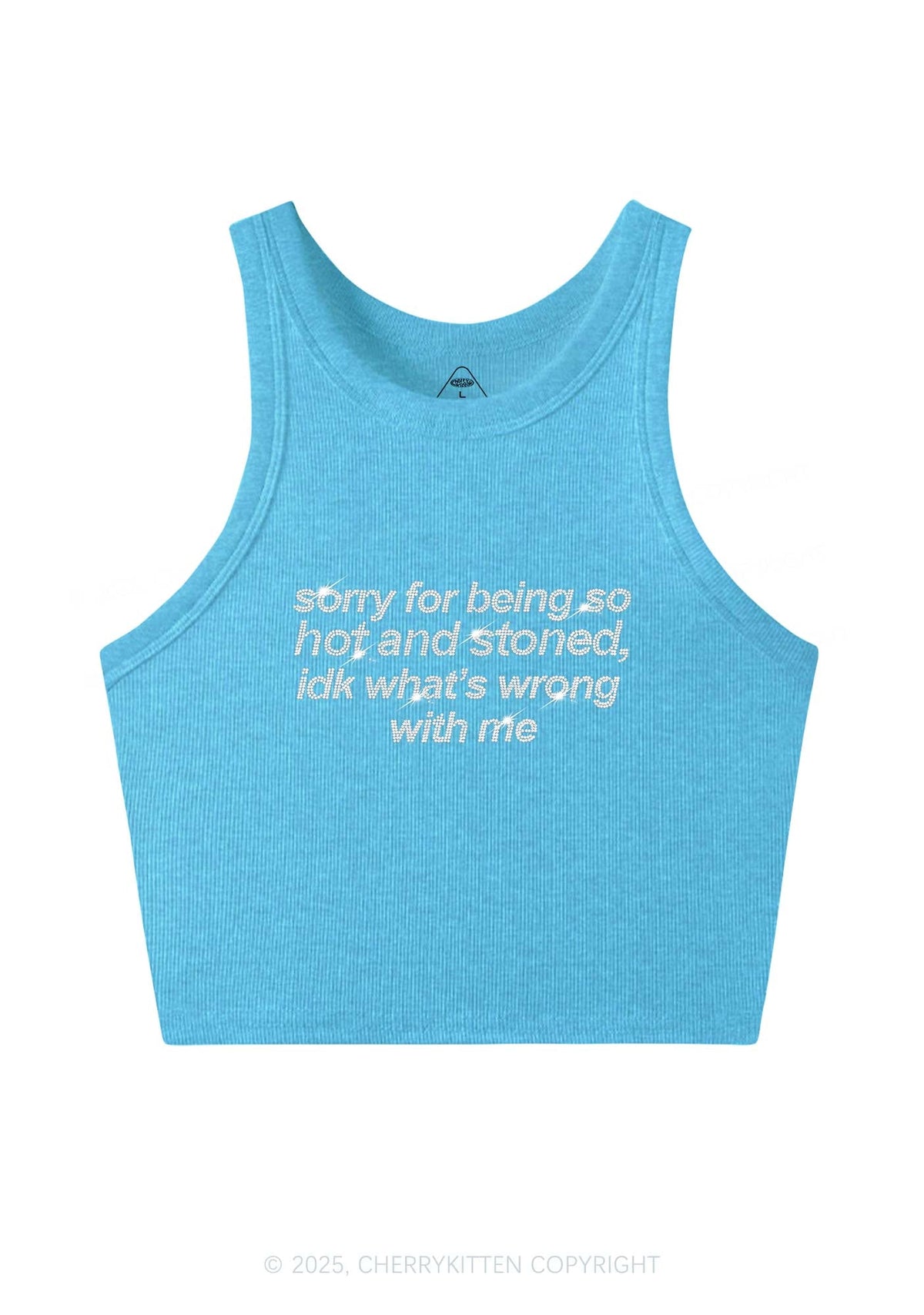 Rhinestone Sorry For Being Hot And Stoned Y2K Crop Tank Top Cherrykitten