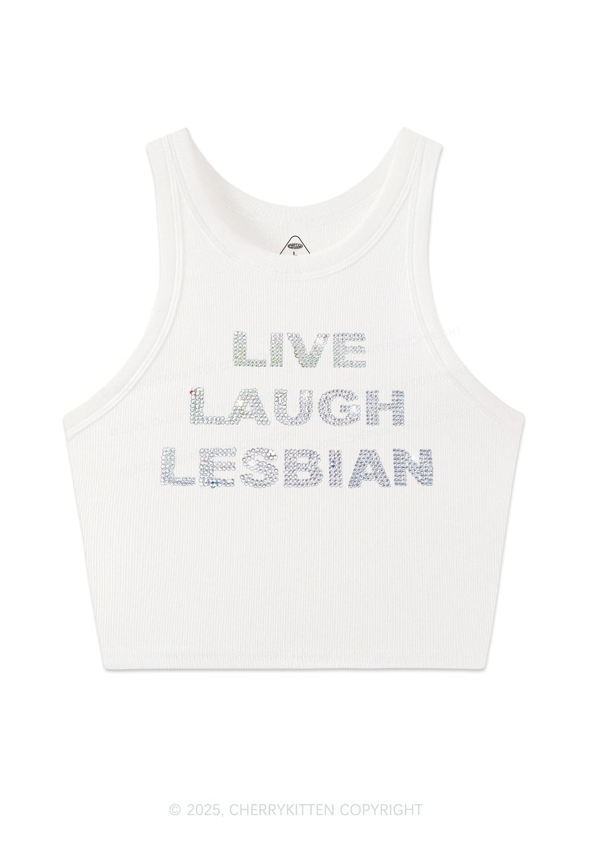 Rhinestone Live Laugh Lesbian Pride Y2K Crop Tank Top Cherrykitten