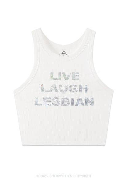 Rhinestone Live Laugh Lesbian Pride Y2K Crop Tank Top Cherrykitten
