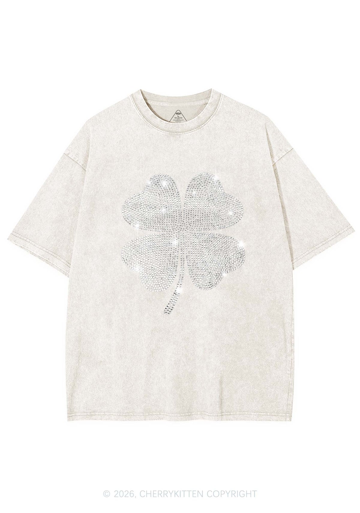 Rhinestone Four Leaf Clover St Patricks Y2K Shirts Washed Tee Cherrykitten