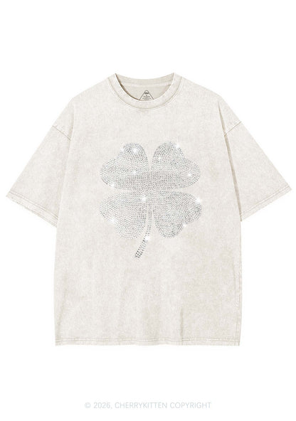 Rhinestone Four Leaf Clover St Patricks Y2K Shirts Washed Tee Cherrykitten