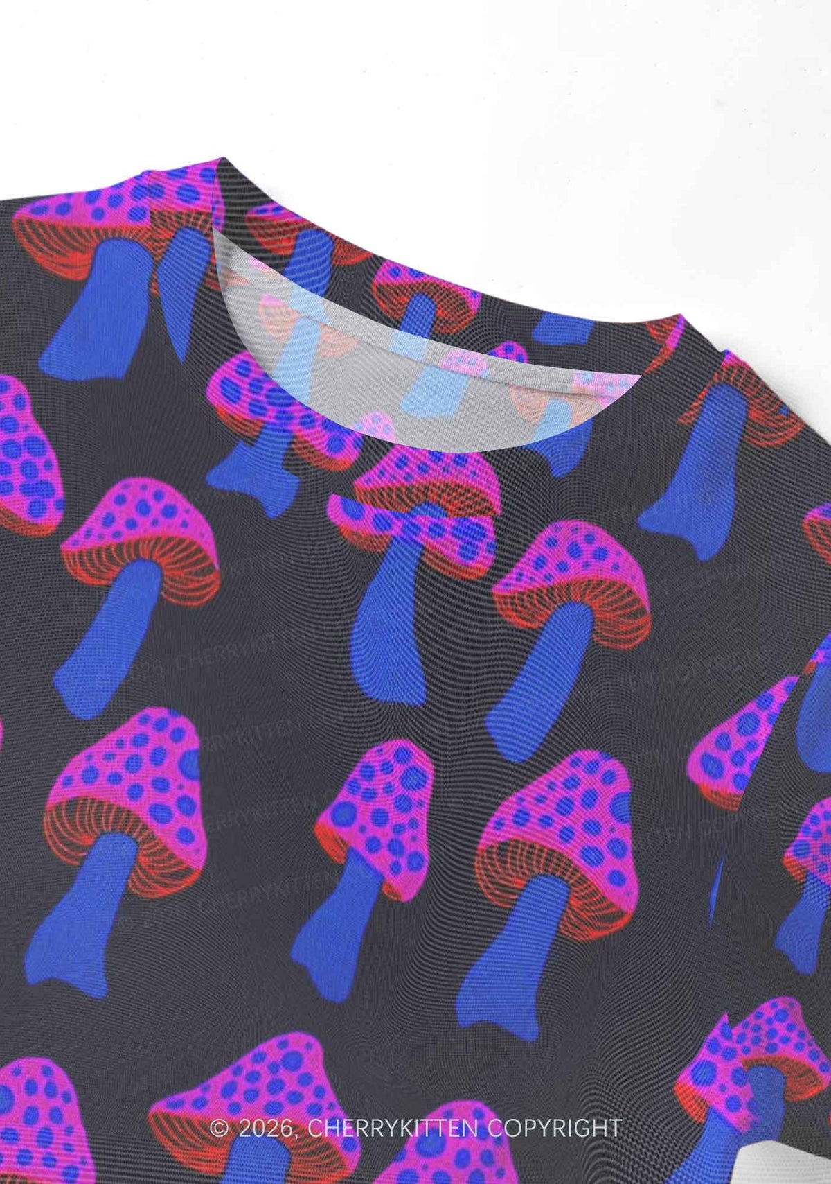 Blue Mushroom Y2K Mesh Crop Top Cherrykitten