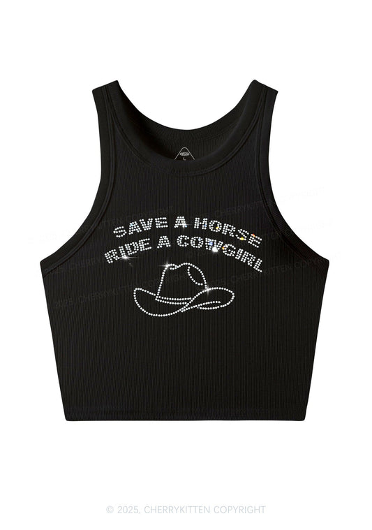 Rhinestone Save Horse Ride Cowgirl Y2K Crop Tank Top Cherrykitten