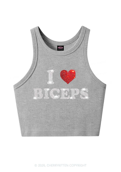 Rhinestone I Love Biceps Y2K Crop Tank Top Cherrykitten