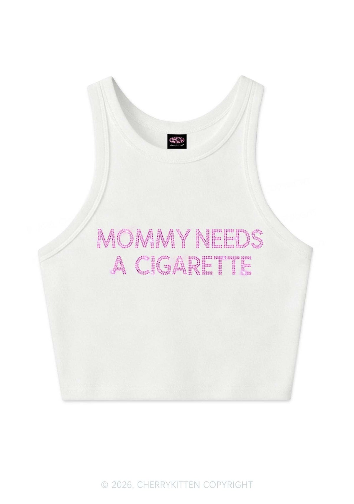 Rhinestone Mommy Needs Cigarette Y2K Crop Tank Top Cherrykitten