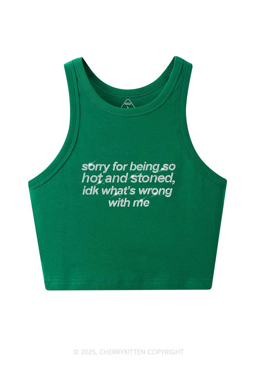 Rhinestone Sorry For Being Hot And Stoned Y2K Crop Tank Top Cherrykitten