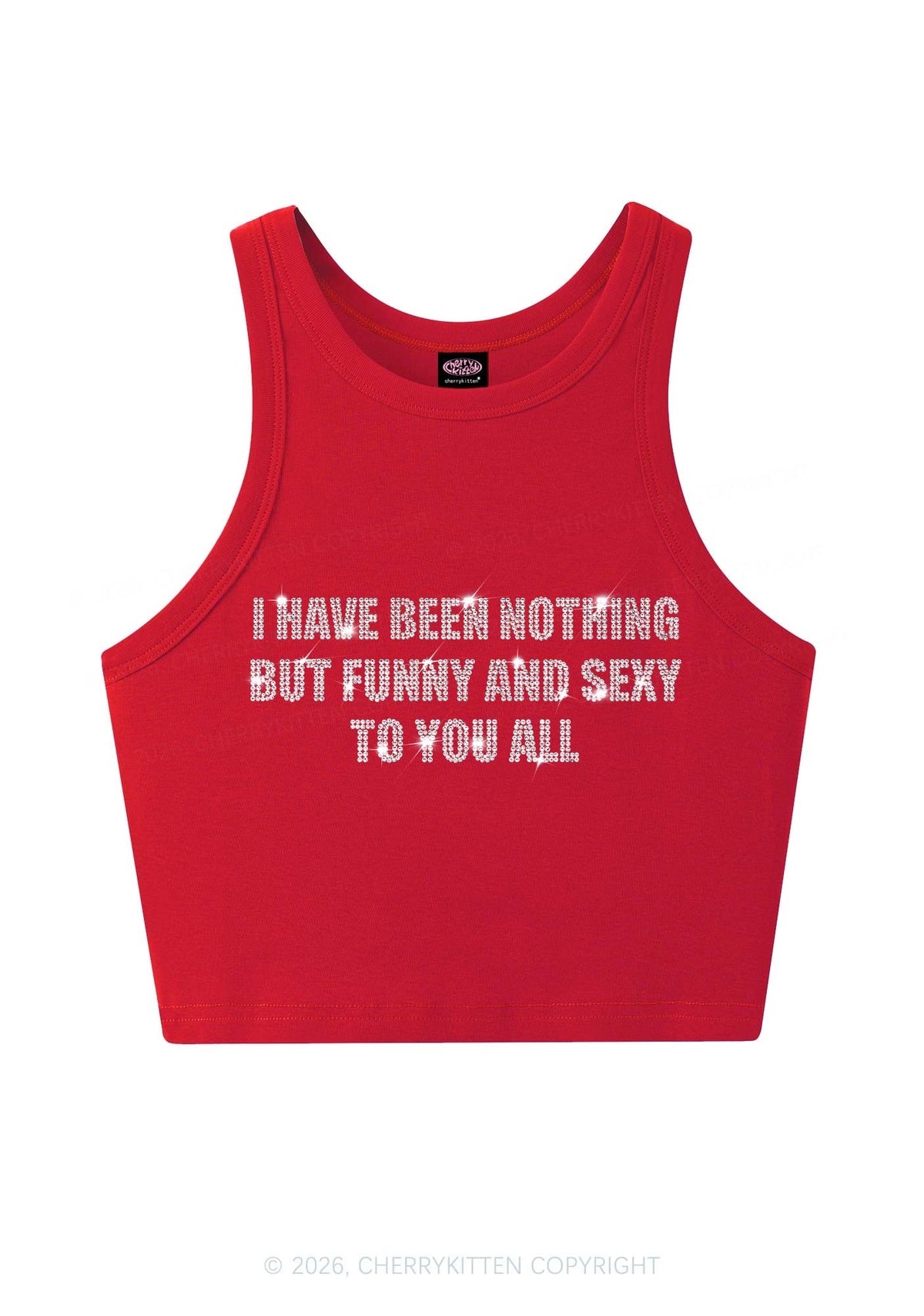 Rhinestone I Have Been Funny Y2K Crop Tank Top Cherrykitten