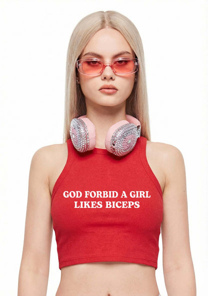 God Forbid A Girl Likes Biceps Y2K Crop Tank Top Cherrykitten