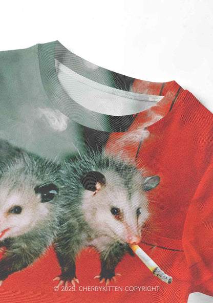 Smoking Badass Possum Y2K Mesh Crop Top Cherrykitten