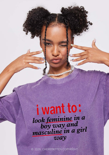 I Want To Feminine Masculine Pride Y2K Shirts Washed Tee Cherrykitten