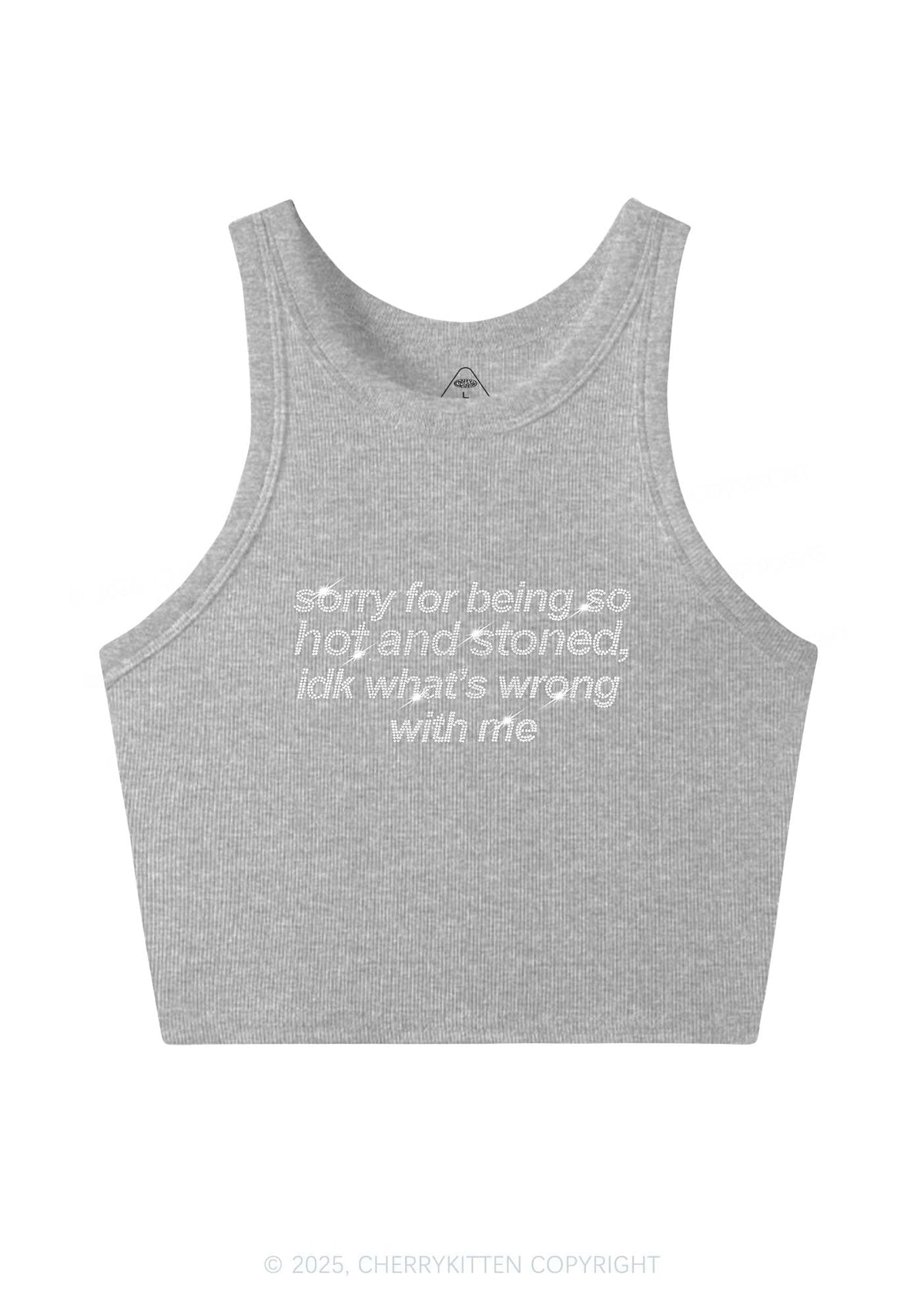 Rhinestone Sorry For Being Hot And Stoned Y2K Crop Tank Top Cherrykitten