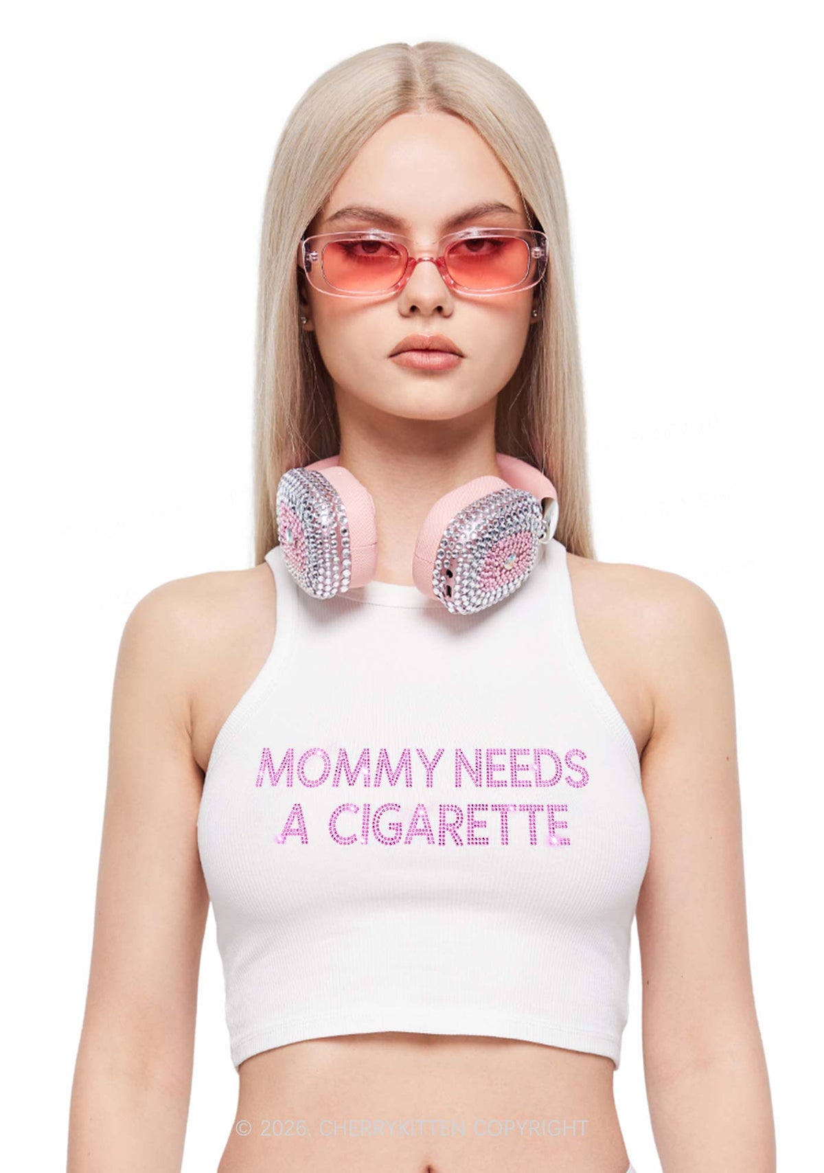 Rhinestone Mommy Needs Cigarette Y2K Crop Tank Top Cherrykitten