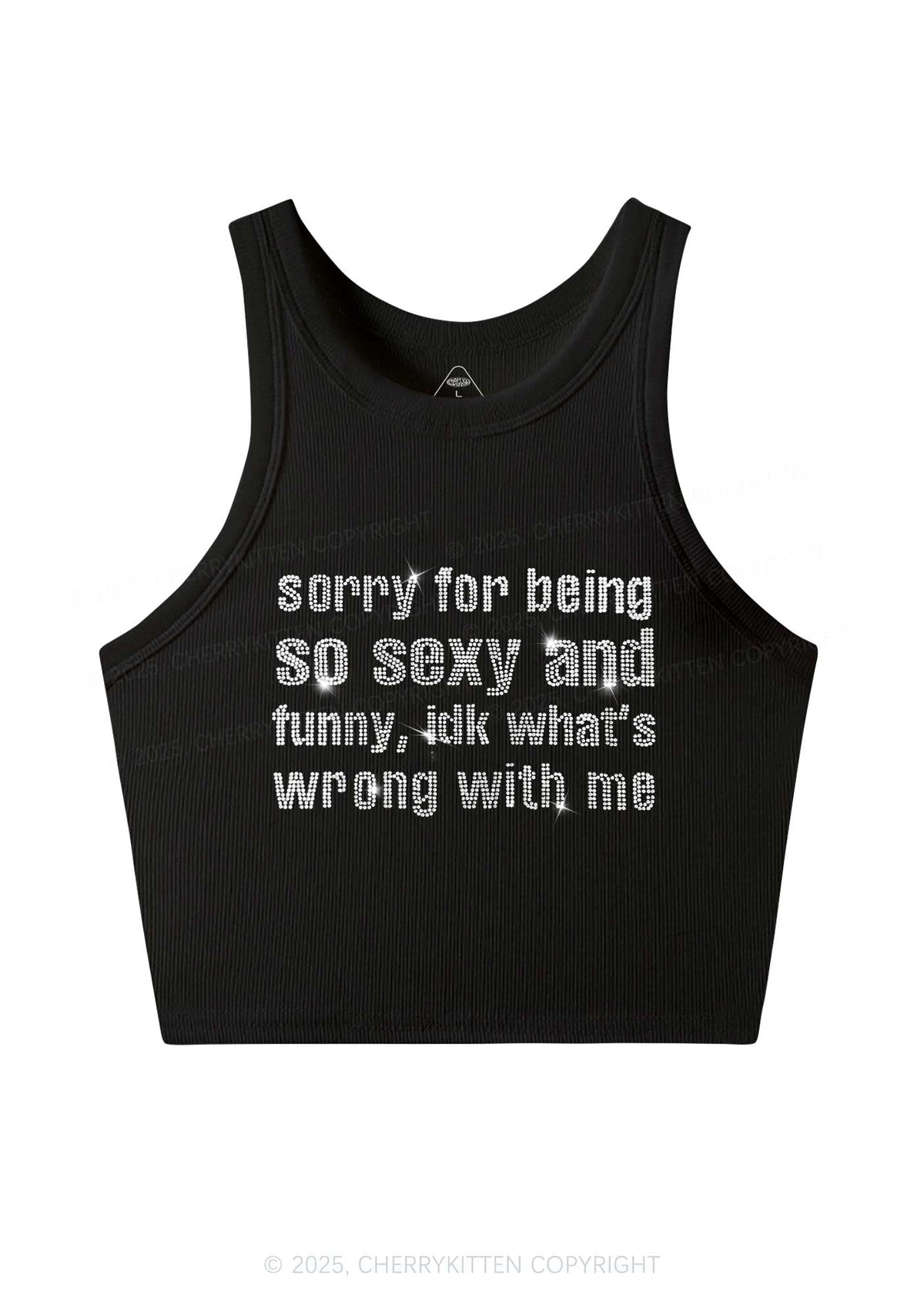 Rhinestone Sorry For Being So Funny Y2K Crop Tank Top Cherrykitten