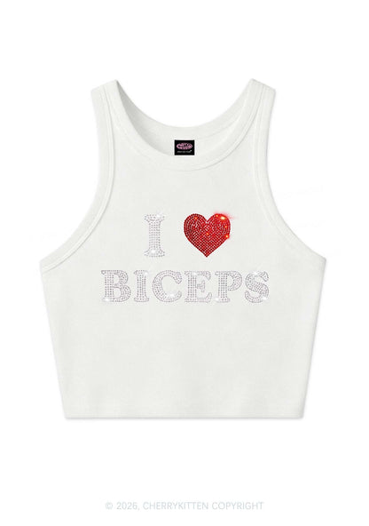 Rhinestone I Love Biceps Y2K Crop Tank Top Cherrykitten
