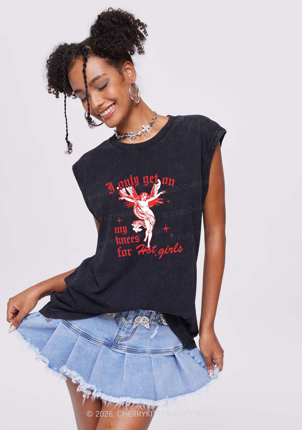 On My Knees For Hot Girls Pride Y2K Washed Muscle Tank Cherrykitten