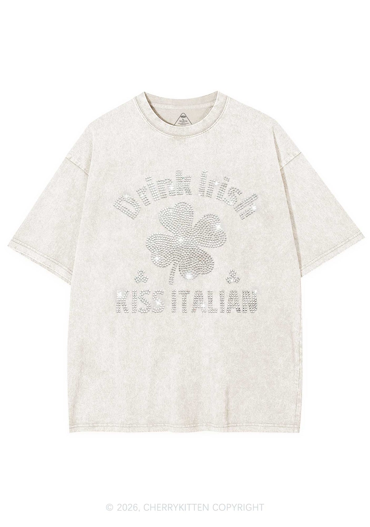 Rhinestone Drink Irish Kiss Italian St Patricks Y2K Shirts Washed Tee Cherrykitten