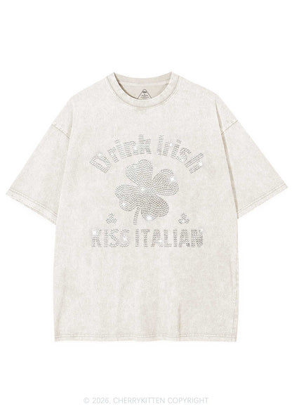 Rhinestone Drink Irish Kiss Italian St Patricks Y2K Shirts Washed Tee Cherrykitten
