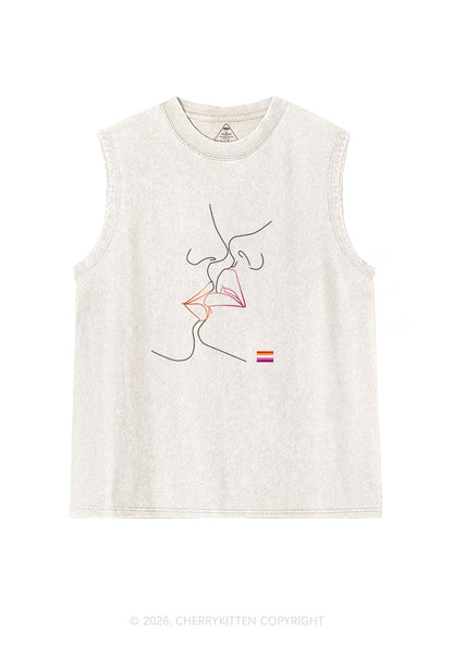 Lesbian Kiss Pride Y2K Washed Muscle Tank Cherrykitten