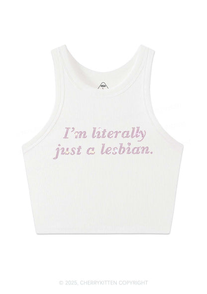 Rhinestone Literally Just A Lesbian Pride Y2K Crop Tank Top Cherrykitten