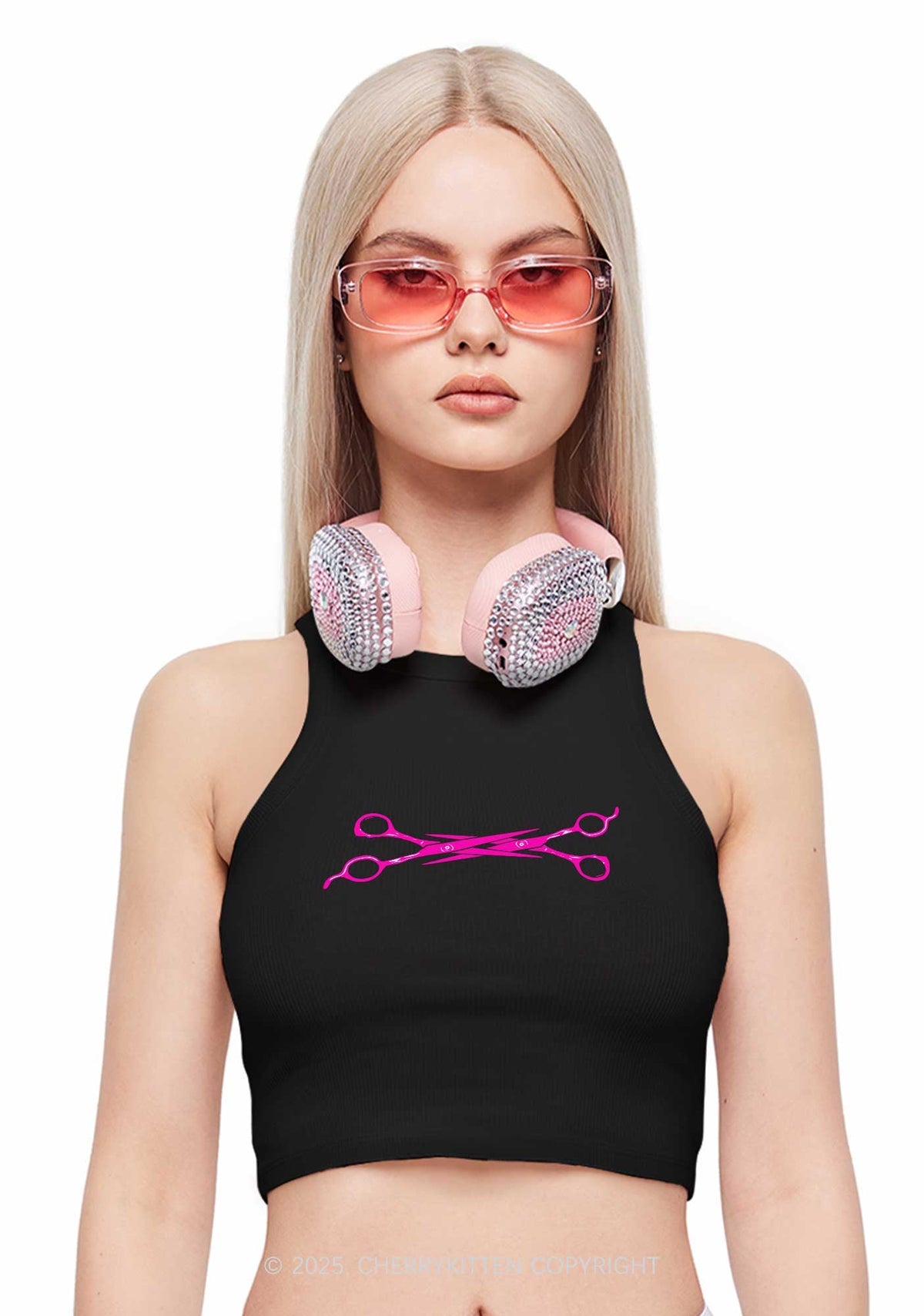 Pink Scissor Y2K Crop Tank Top Cherrykitten