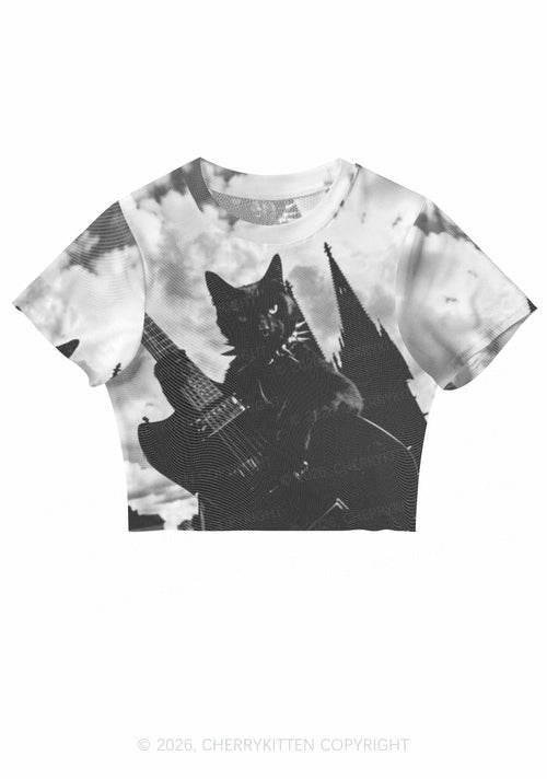 Halloween Guitar Black Cat Y2K Mesh Crop Top Cherrykitten