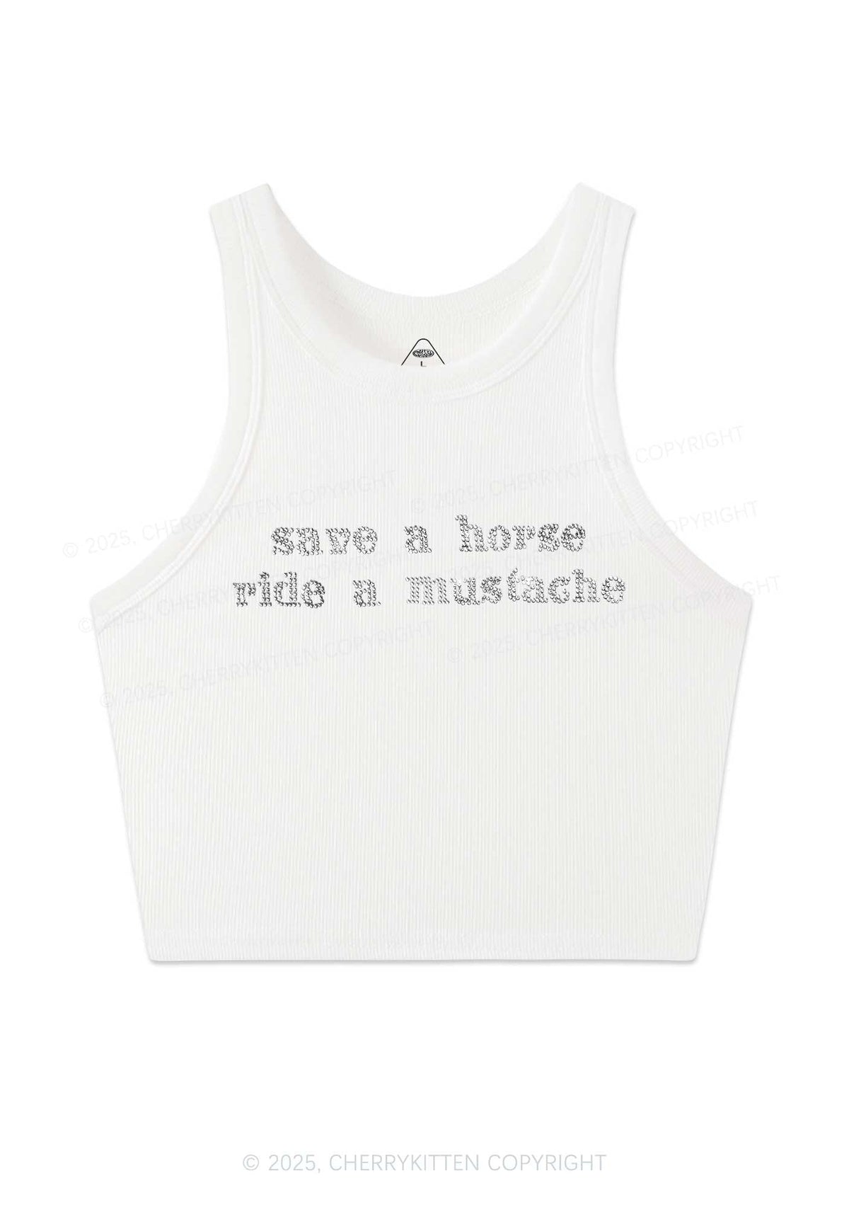 Rhinestone Ride A Mustache Y2K Crop Tank Top Cherrykitten