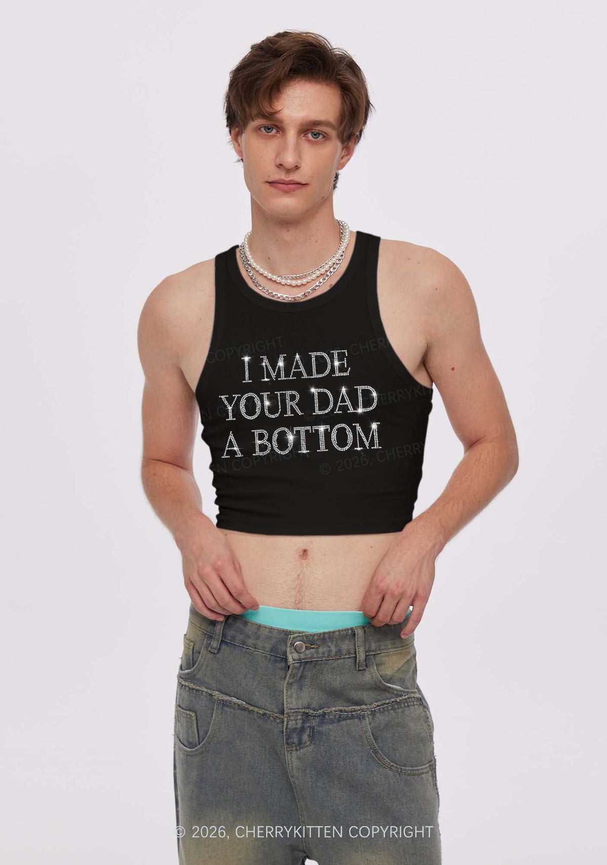 Rhinestone Made Your Dad A Bottom Pride Y2K Crop Tank Top Cherrykitten