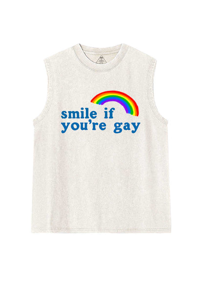 Rainbow Smile If You Are Gay Pride Y2K Washed Muscle Tank Cherrykitten