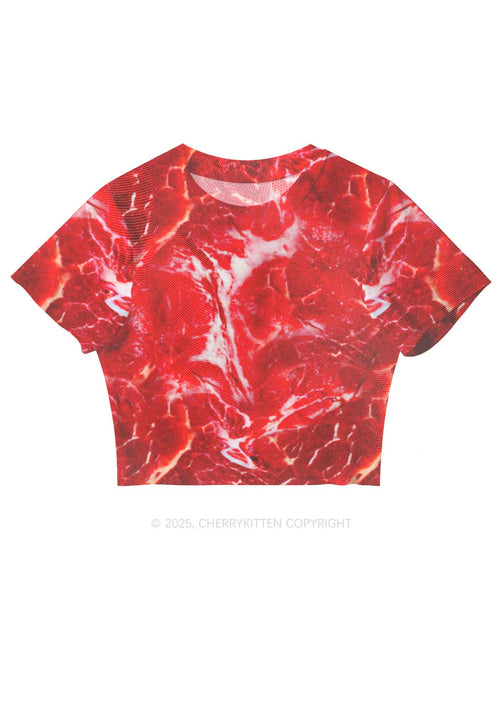 Beef Steak Texture Y2K Mesh Crop Top Cherrykitten