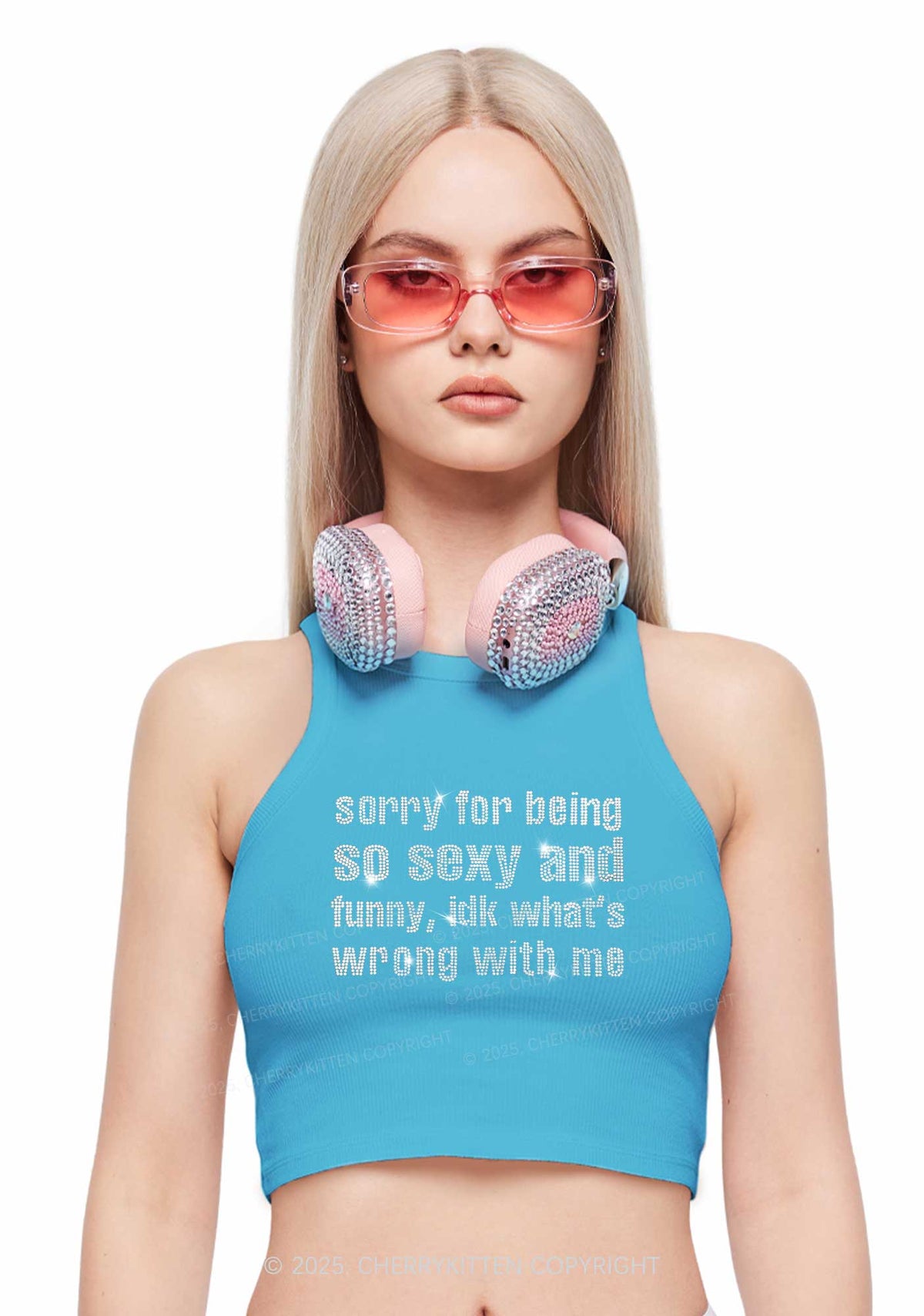 Rhinestone Sorry For Being So Funny Y2K Crop Tank Top Cherrykitten