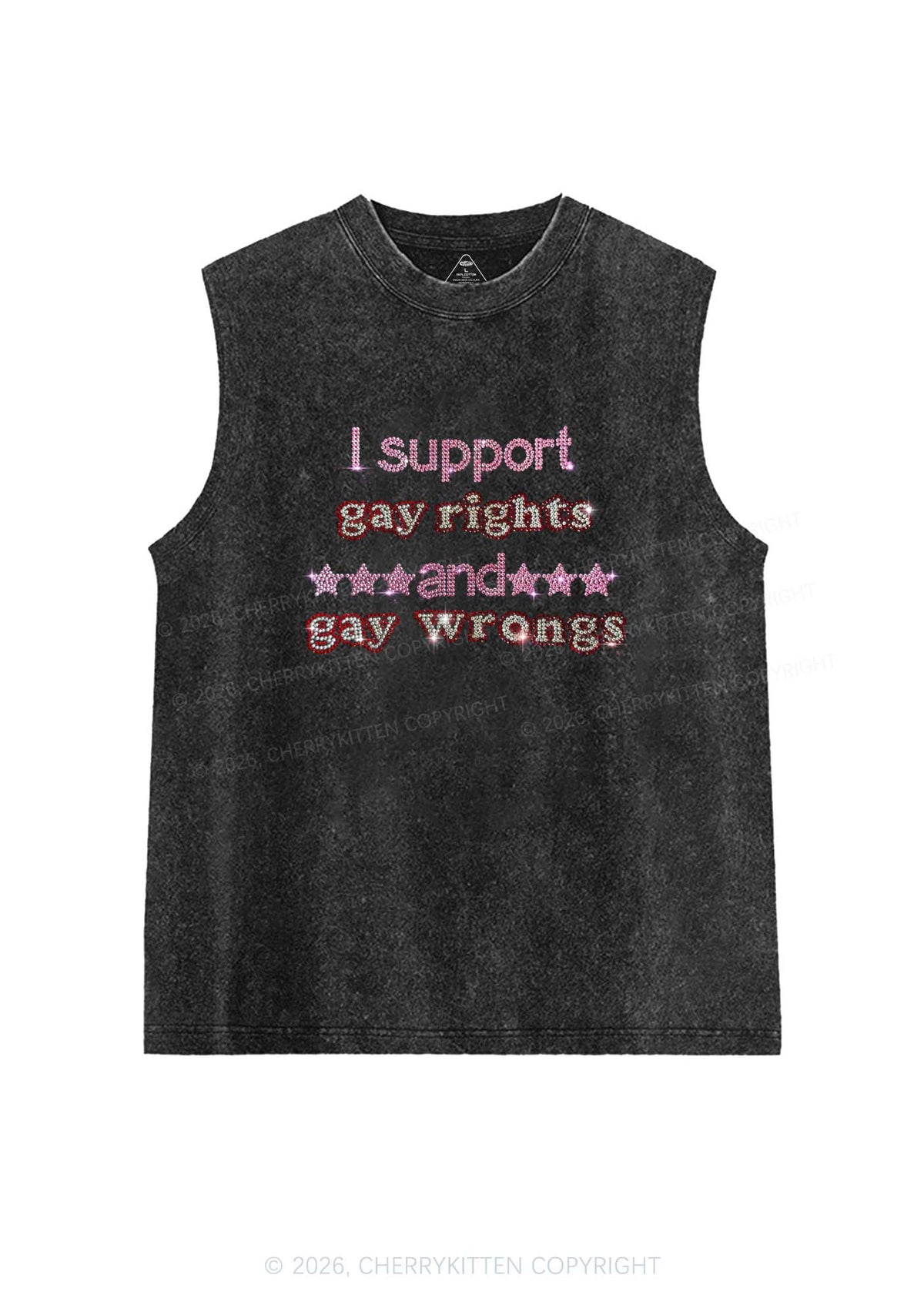 Rhinestone I Support Gay Rights Y2K Washed Muscle Tank Cherrykitten