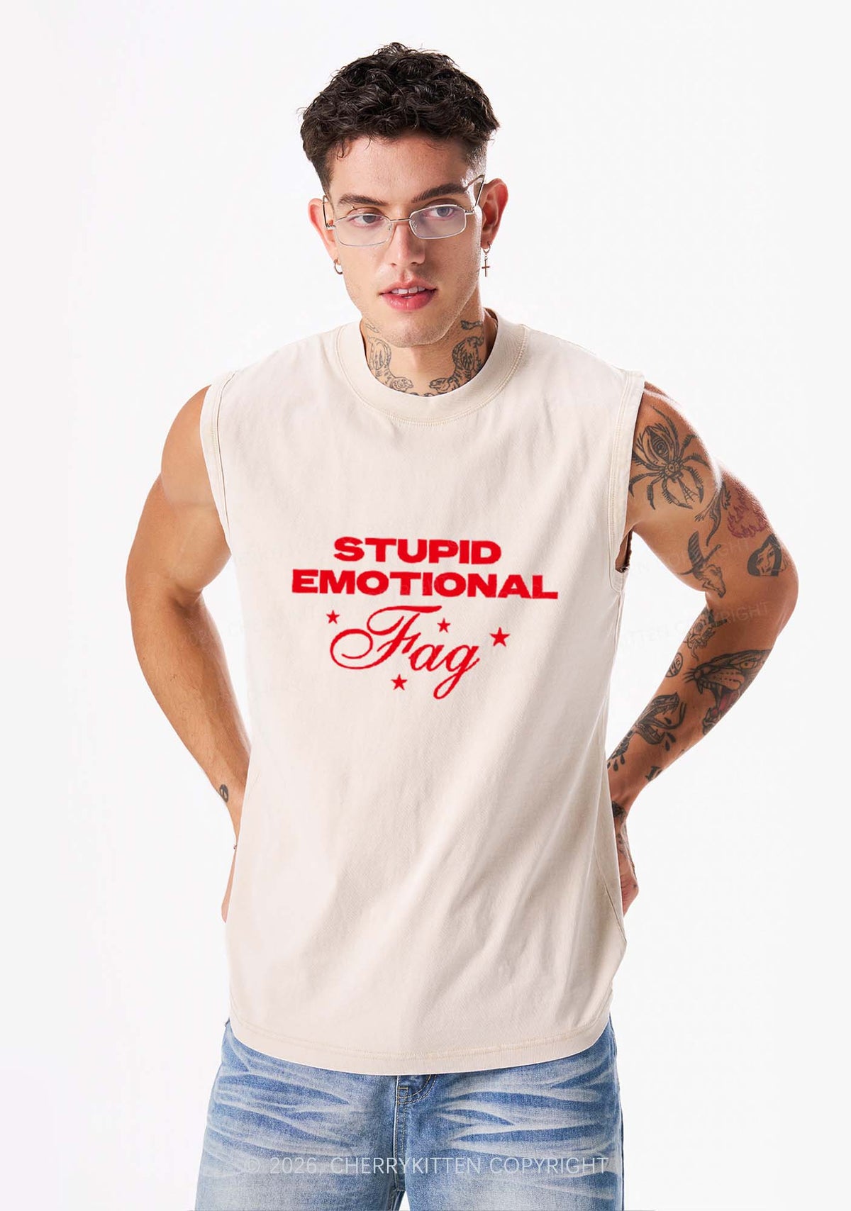 Stupid Emotional Fag Pride Y2K Washed Muscle Tank Cherrykitten