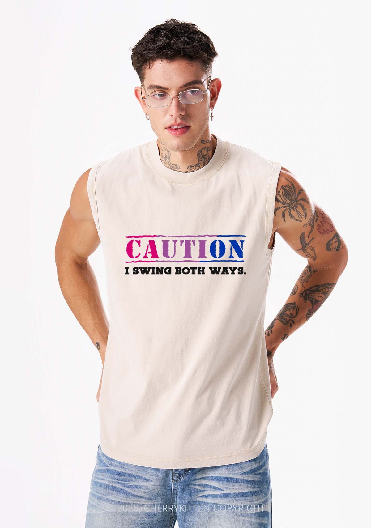 Caution I Swing Both Ways Pride Y2K Washed Muscle Tank Cherrykitten