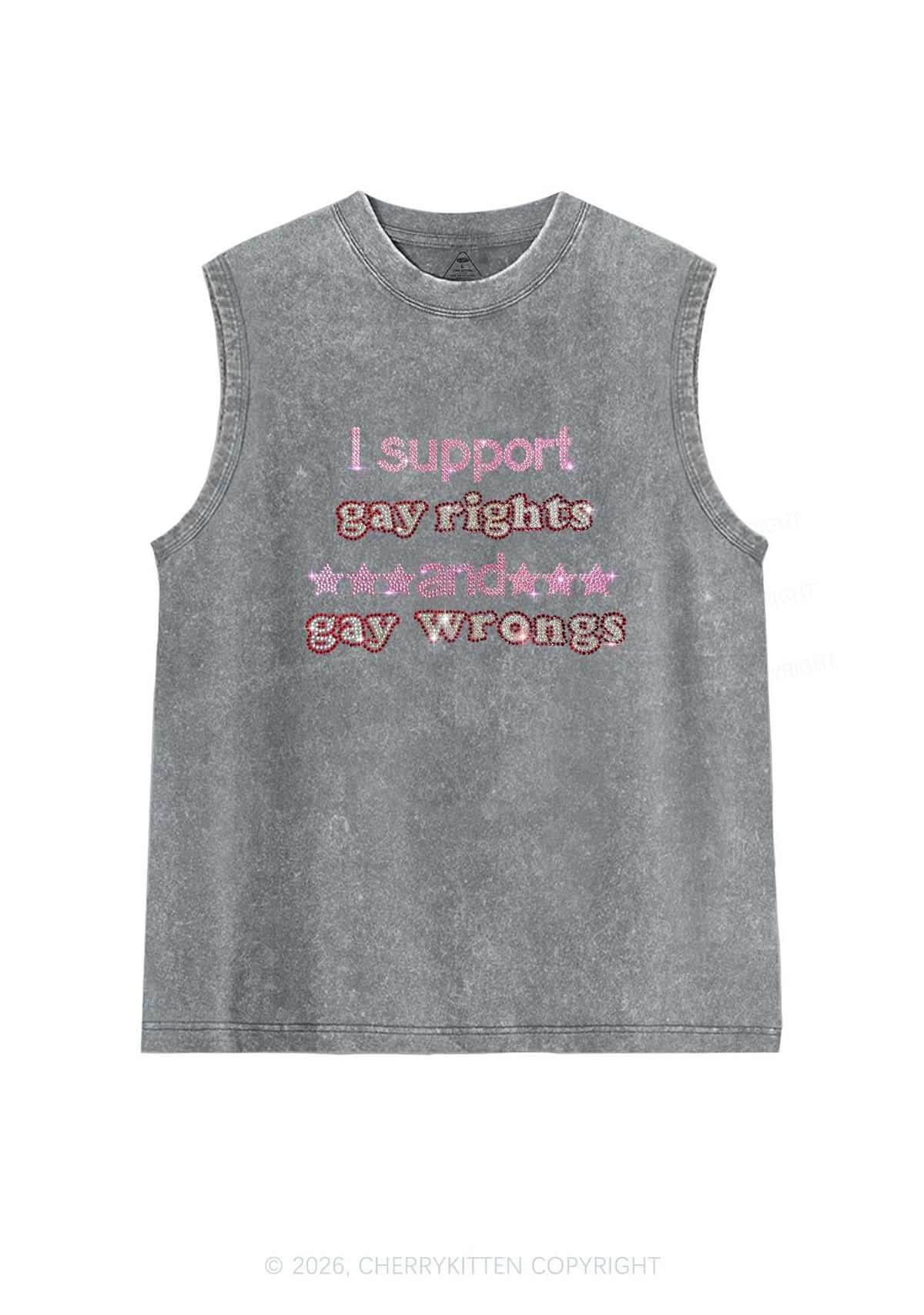 Rhinestone I Support Gay Rights Y2K Washed Muscle Tank Cherrykitten
