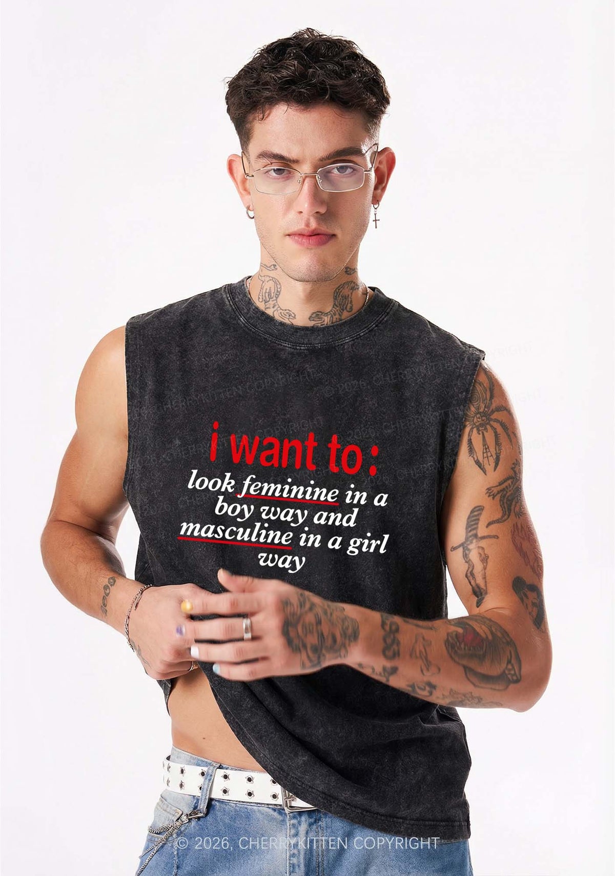 I Want To Feminine Masculine Pride Y2K Washed Muscle Tank Cherrykitten