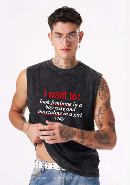 I Want To Feminine Masculine Pride Y2K Washed Muscle Tank Cherrykitten