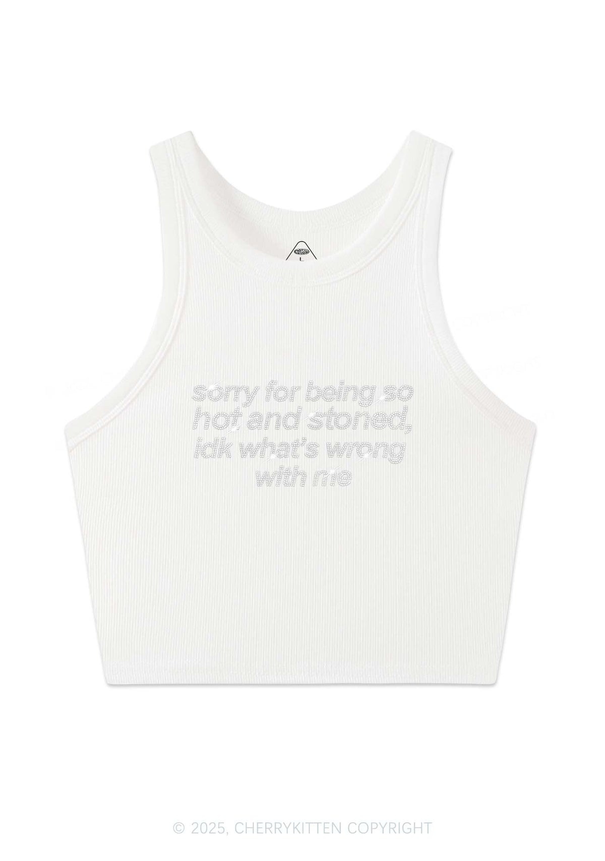 Rhinestone Sorry For Being Hot And Stoned Y2K Crop Tank Top Cherrykitten