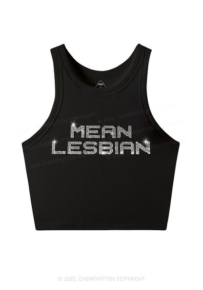 Rhinestone Mean Lesbian Pride Y2K Crop Tank Top Cherrykitten
