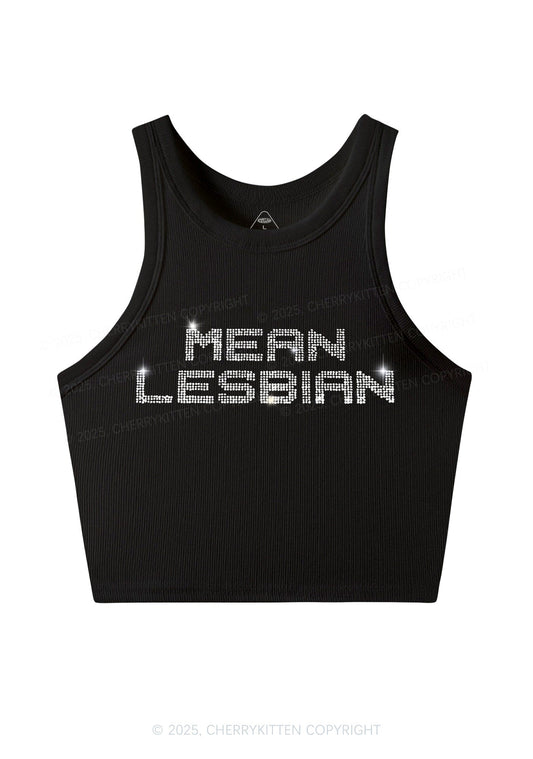 Rhinestone Mean Lesbian Pride Y2K Crop Tank Top Cherrykitten