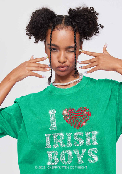 Rhinestone I Love Irish Boys St Patricks Y2K Shirts Washed Tee Cherrykitten