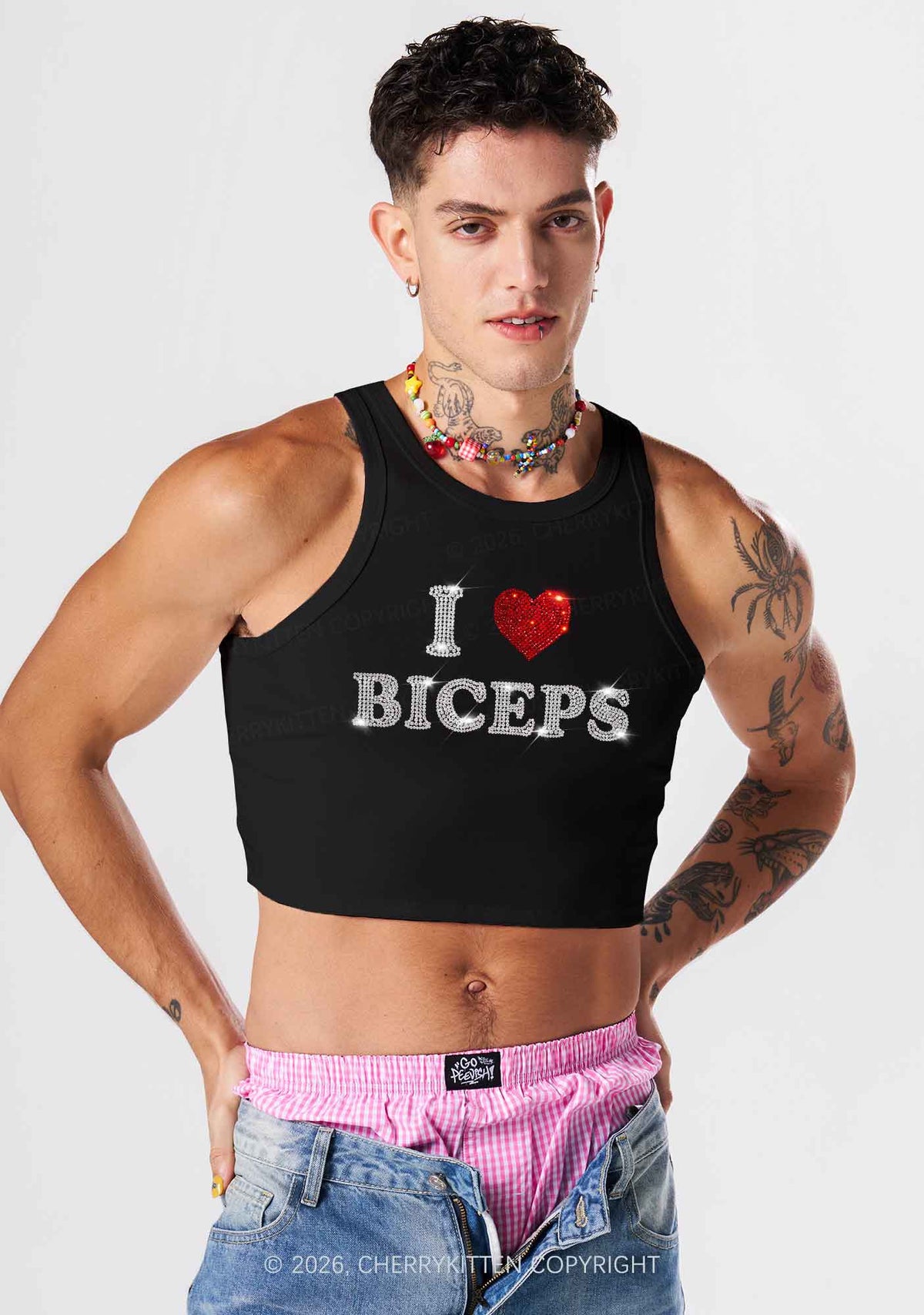 Rhinestone I Love Biceps Y2K Crop Tank Top Cherrykitten